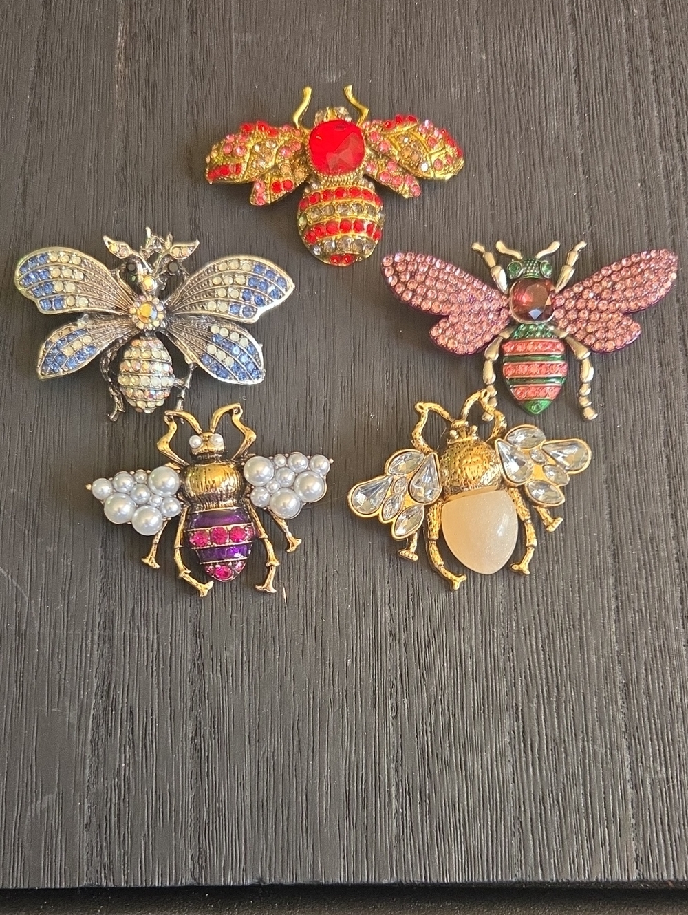Assorted Bee/Honeybee &  Rhinestone Brooch Pin Set (5) in Red, Pink, Blue, Gold